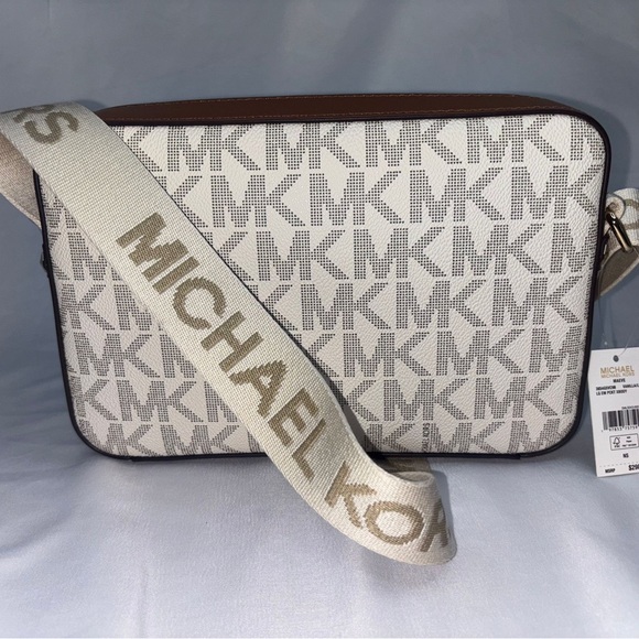 Michael Kors White and Brown Messenger Bag with Monogram Pattern - Picture 1 of 3